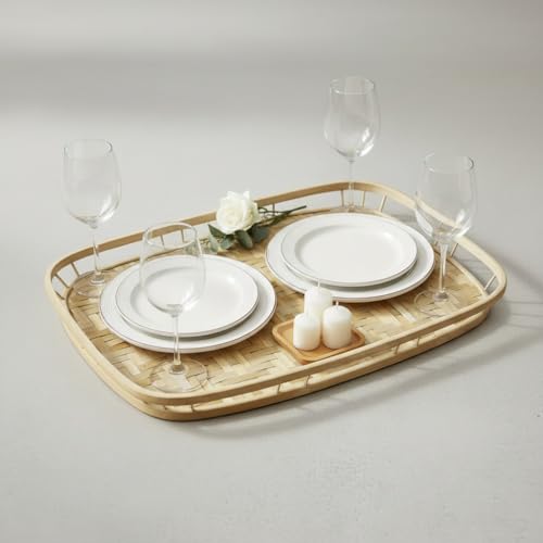 PEMAR Extra Large Bamboo Serving Trays with Handles, Set of 2 Measuring 19.3" x 13.8" Large Woven Dinner Tray, Rustic Wicker Rattan Tray Style for Eating, Bed Breakfast, Couch TV Lap Tray - size: 19.3" x 13.8" x 2"