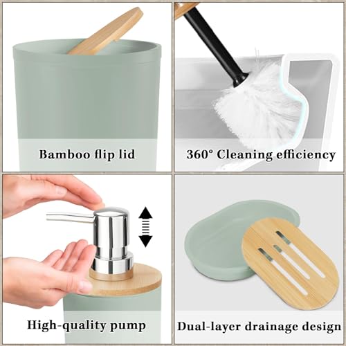 Britimes Bathroom Accessories Sets, Sage Green Shower Curtain Set with Trash Can, Soap Dispenser, Toilet Brush Holder, Toothbrush Holder and Toothbrush Cup for Bathroom Decor (Green) - color: Green
