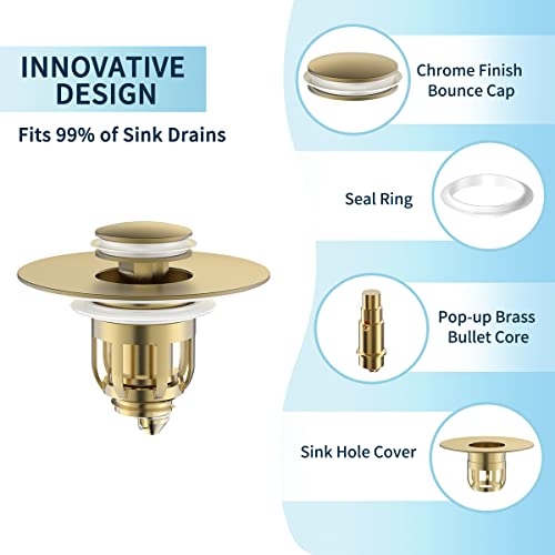 MUAIOLAUS Universal Bathroom Sink Stopper, Pop Up Sink Stopper with Basket Hair Catcher, Anti Clogging Sink Drain Filter for 1.06"-1.65" Drain Holes - color: Gold
