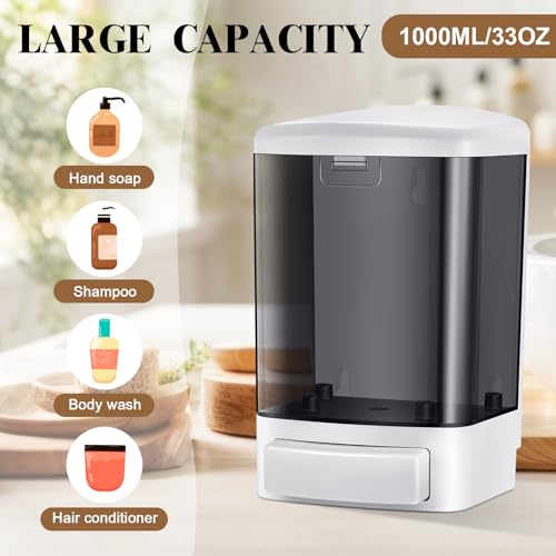 Hushee 4 Pcs Plastic Wall Mounted Soap Dispenser Commercial Manual Soap Containers Wall Dispenser for Kitchen Shower Hotel Liquid Shampoo Gel Chamber(33.8 oz 1000 ml,Black) - color: Black, size: 33.8 oz 1000 ml