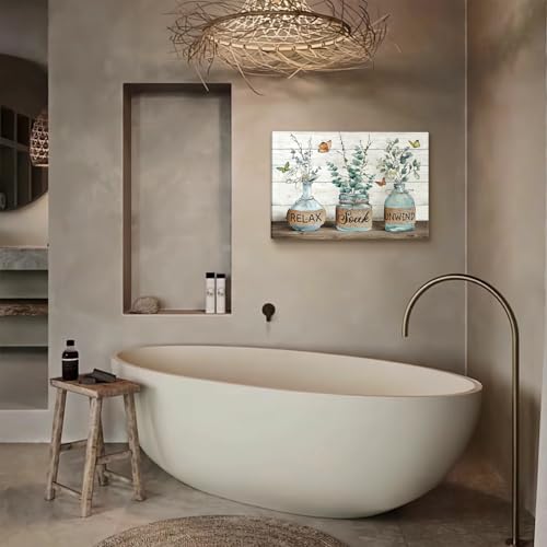 BJVJKSU Farmhouse Bathroom Wall Art Rustic Green Botanical Bathroom Canvas Wall Decor Relax Soak Unwind Painting Print Eucalyptus Butterfly Picture Artwork Decor(12x16in) - color: Green Wrapped Canvas, size: 16"L x 12"W