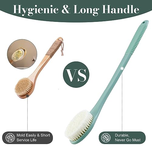 Back Scrubber for Shower, Shower Body Brush for Cleaning with Long Handle for Showering, 17 Inch Back Washer Exfoliator for Shower Men Women with Non-Slip Handle, Adhesive Hook (Pea Green) - size: Pea Green - Artificial Bristles