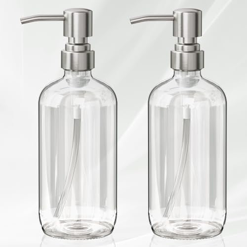 AmazerBath Soap Dispenser, 2 Pack Glass Soap Dispenser with Pump Stainless Steel, 17 Oz Hand Soap Bottles Bathroom Kitchen, Clear - color: Brushed Stainless Steel