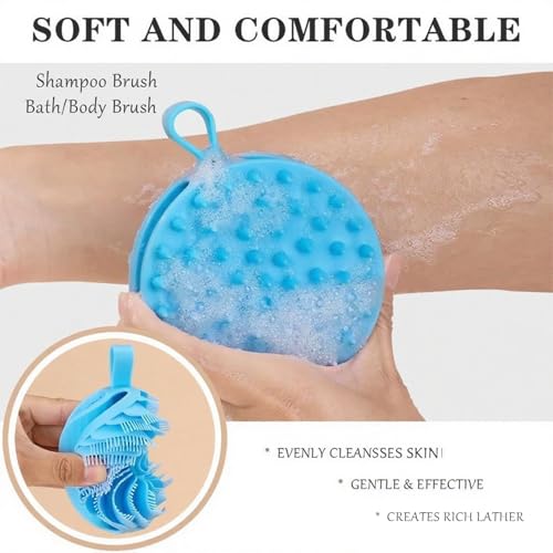 Douji Double-Sided Silicone Body Scrubber Shower Bath Brush, Handheld Cleansing Skin Brush for Sensitive Kids Women Men All Kinds of Skin（Blue） - size: Blue
