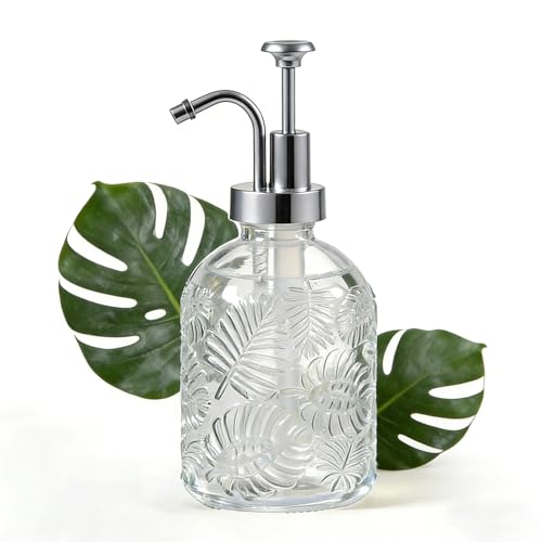11.8Oz Vintage Glass Bathroom Soap Dispensers with Silver Pump, Refillable Kitchen Dish Soap Dispenser with Embossed Leaf, Modern Farmhouse Hand Soap Liquid Bottle -1 Pack - color: Clear/White Silver, size: 1Pack
