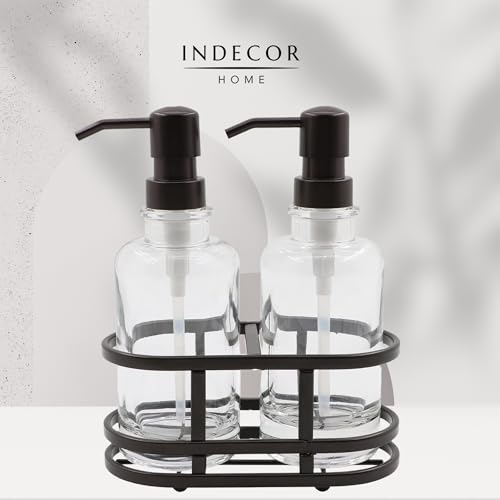 3 Piece Round Heavy Weight Glass Soap Lotion Pump Dispenser Set with Metal Caddy for Home Bath Kitchen Travel Office Hand Crafted Metal Tray Oil Rubbed Bronze