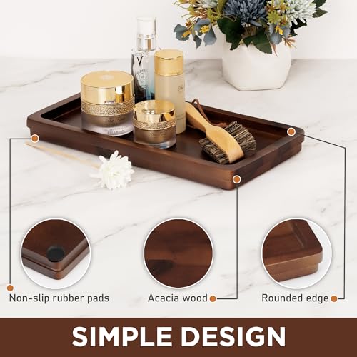 Demigo Bathroom Vanity Tray, Dark Brown Acacia Wood Tray, 11.8 x 5.9 in | Wooden Countertop Organizer for Cosmetics Jewelry Candle & Keys, Decorative Tray for Toilet Tank, Kitchen & Sink Decor - color: Dark Brown