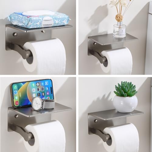Toilet Paper Holder with Shelf, Adhesive or Screw Wall Mount Toilet Roll Holder for Bathroom, Rustproof Solid Aluminum Commercial Toilet Tissue Holder with Storage, Brushed Nickel - color: Brushed Nickel-1 Roll