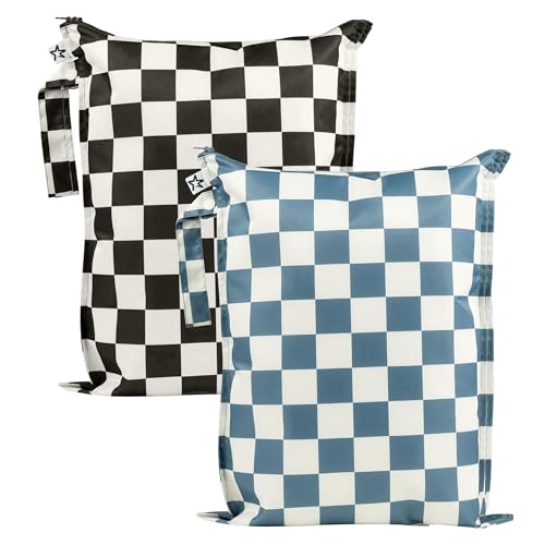 Tiny Twinkle Mess Proof Wet Bags | 2-Pack Reusable Waterproof Wet Bags for Swimsuits | Baby Clothes | Travel & Diaper Bag (Blue, Black Checkers) - color: Blue, Black Checkers, size: 2 Pack