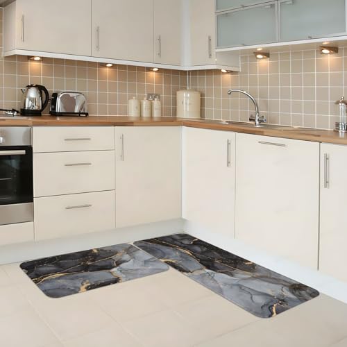Black Grey Marble Print Kitchen Rugs Microfiber Floor Mats Cushioned Carpet Runner Rug for Laundry Bathroom Living Room, 2 Piece Set 17"X 47" + 17"X 30" - color: Black Grey Marble Print