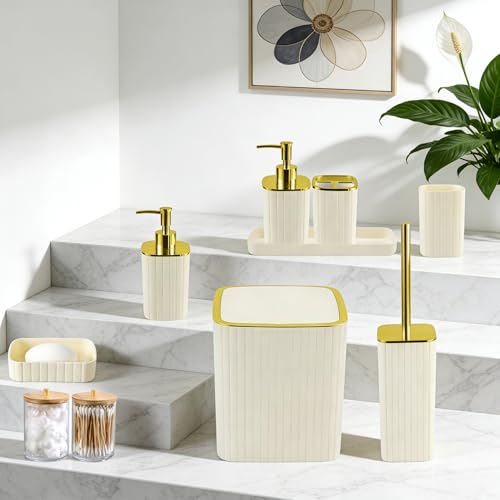 Bathroom Accessories Set-9PC Set, Complete Bathroom Decor & Home Decor, Bathroom Set with Toilet Brush, Trash Can, Soap Dispenser,Modern Home Bath(Beige, Bath Set) - color: Beige&gold, size: 9-Piece Bath Set