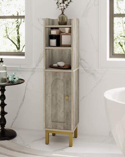 Hzuaneri Bathroom Storage Cabinet, Small Corner Floor Cabinet with Door and Shelves, Narrow Toilet Paper Holder, Bathroom Organizer with Adjustable Shelf, for Small Spaces, Rustic Greige BC08205X - color: Rustic Greige, size: 7.9"D x 7.9"W x 32.7"H