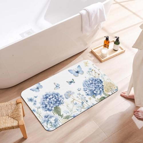 Blue Hydrangea Flower Bath Mat,Fast Drying Spring Butterfly Bathmats for Bathroom, Non Slip Soft Diatomaceous Bath Rug Bathroom Accessories Thin Doormat for Home Kitchen 17 X 29.5 Inch - color: Blue Hydrangea Flower