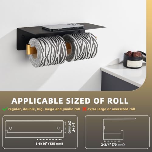 Angle Simple Double Toilet Paper Holder with Shelf, 304 Stainless Steel Bathroom Toilet Tissue Roll Holder for Wall Black and Gold - color: Black & Gold, size: Double Rod