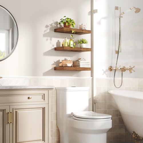 RALGEND Floating Shelves for Wall, 1.5" Thick Wall Shelf Set of 3 with Invisible Brackets, 15.7L x 7.9W Hanging Shelves Farmhouse Home Decor for Bathroom, Living Room, Bedroom, Rustic Brown 4301BJP3BF - color: Rustic Brown, size: 15.7 Inches