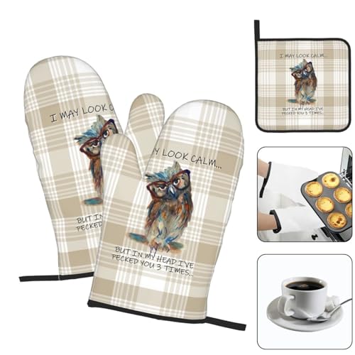 Funny Owl Oven Mitts and Pot Holders Sets of 3 Kitchen Hot Pads Cute Buffalo Plaid Oven Gloves Heat Resistant Washable for Cooking Grilling Baking Holiday Kitchen Decor - color: Funny Owl