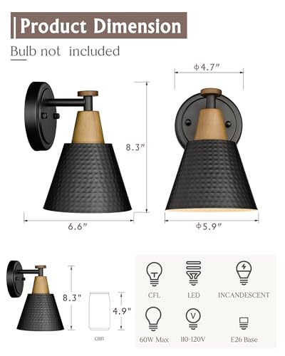 FEMILA Black Wall Sconces, Rustic Industrial Wall Lamps, 1-Light Sconces Wall Lighting with Hammered Metal Shade, Bathroom Vanity Light Fixture for Bedroom Living Room Kitchen,4FG59B BK - color: Matte Black, size: 6"