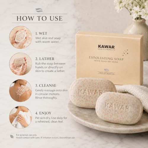 KAWAR Dead Sea Exfoliating Soap with Salicylic Acid, Body Bar, 2-Pack | Salicylic Acid, Magnesium Chloride, Shea Butter & Tea Tree Oil - No Fragrance, Vegan Exfoliating Body Bar for Men & Women
