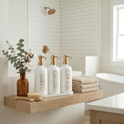 MOMEEMO Shampoo and Conditioner Dispenser Set with Tray, Refillable Shampoo Conditioner Body Wash Dispenser for Shower, Empty Shampoo Bottles with Pump, Bathroom Shower Soap Dispenser Set (Gold) - color: White Gold