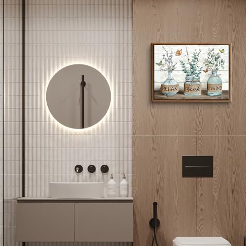 BJVJKSU Framed Farmhouse Bathroom Wall Art Rustic Green Botanical Bathroom Canvas Wall Decor Relax Soak Unwind Painting Print Eucalyptus Butterfly Picture Artwork Decor(12x16in) - color: Green framed, size: 16"L x 12"W