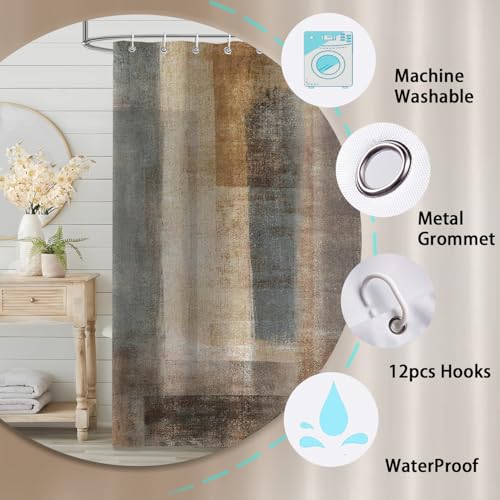 4Pcs Shower Curtain Set, Brown Grey Rustic Vintage Farmhouse Bathroom Shower Curtain with Rugs and Accessories,with Non-Slip Rugs, Toilet Lid Cover and Bath Mat for Bathroom Decor Set - color: Brown Grey