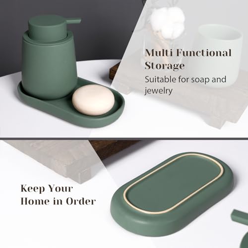 INGOFIN 3 Pcs Ceramic Bathroom Accessory Set - Liquid Soap Dispenser, Toothbrush Holder & Tray, Bathroom Counter Set, Countertop Essentials for Home, Guest Bathroom, or Office Use, Matte Green - style: Liquid-Matte Green