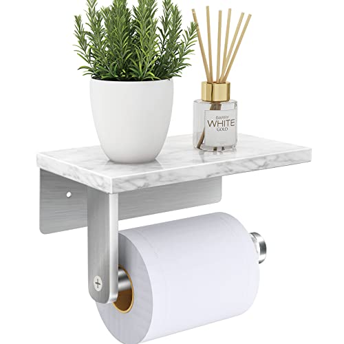 Gypie Brushed Nickel Toilet Paper Holder with Natural Marble Shelf, Screw Wall Mounted, Tissue Roll Holder for Bathroom Washroom - color: Brushed Nickel