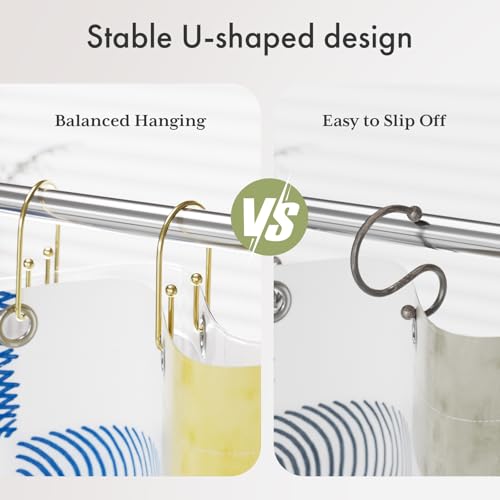 AmazerBath Shower Curtain Hooks, Gold Shower Curtain Hooks Rust Proof, Non-Slip Simple Double Hook Shower Curtain Hooks for Shower Curtain, Sturdy Shower Curtain Rings, 12Pcs - color: Gold, style: Minimalist