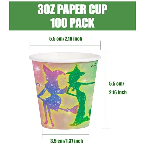 WRAPAHOLIC 3oz Witch Birthday Paper Cups - 100 Pack Disposable Bathroom Cups with Magic Witch Design, Small Mouthwash Cup for Toothbrush Rinse, Home Bathroom and Girls Birthday - color: Green & Pink Witch