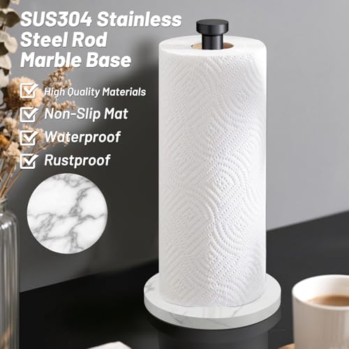 VEHHE Marble Paper Towel Holder for Kitchen Countertop, Standing Paper Towel Stand with Weighted Base & EVA Non-Slip Pad, for Bathroom or Kitchen (Black) - color: Marble Base | Black