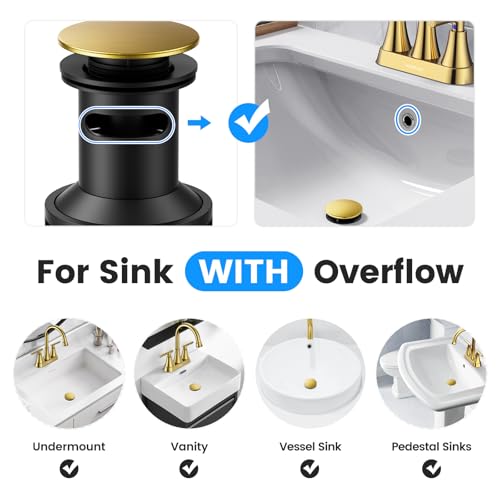 Bathroom Sink Drain with Overflow, Hurran Bathroom Sink Stopper for Bathroom Vanity Vessel Sink, Rapid Draining Plastic Pop-up Sink Drain with Hair Catcher Anti-Clog Strainer, Brushed Gold - color: Brushed Gold
