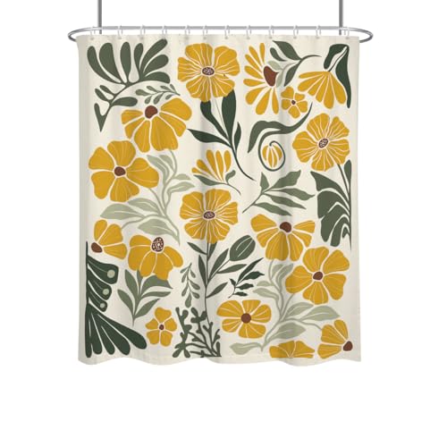 Modern Boho Floral Shower Curtain, Abstract Yellow and Green Wildflower Print on Cream Polyester Fabric, 60x72 Inch with 12 Hooks - color: Yellow, size: 60"W x 72"L (Pack of 1)