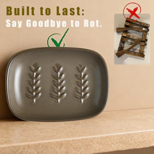 Miamolo Soap Dish Soap Holder Shower, Ceramic Soap Dishes for Bar Soap Sponge, Farmhouse Shower Soap Dish, Large Soap Saver Tray for Bathroom Kitchen Sink, Easy Cleaning, Extend Soap Life, Brown - color: Brown, size: Leaf Design
