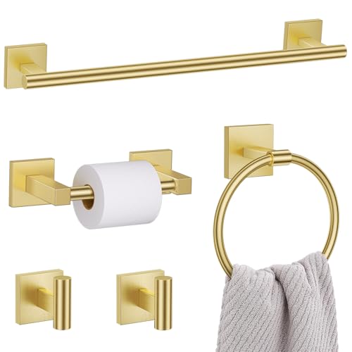 Lairuier 5 Pieces Bathroom Hardware Set Brushed Gold Towel Bar Set Includes 23.6” Towel Bar, Towel Ring Holder, Toilet Paper Holder and Two Towel Hooks, Bathroom Accessories Set SUS304 Wall Mounted - color: Brushed Gold, size: 5 Pieces - Double Base