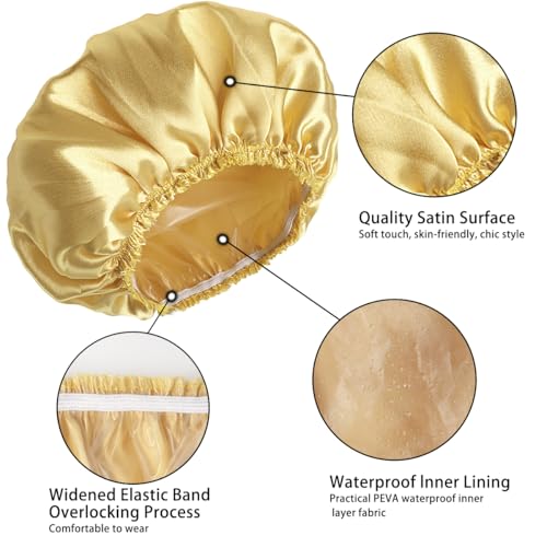 4 PCS Shower Cap for Women, Elastic and Reusable Bath Caps, Double Layers Shower Caps Reusable Waterproof, Bathing Shower Caps, Environmental Bath Hair Protection Cap -Gold+Green+Silver Gray+Brown - color: Gold+Green+Silver Gray+Brown