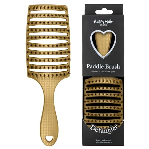 HAPPY HAIR BRUSH Happy Detangler Paddle Brush with Boar Bristles & Nylon Pins | Designed by Women to Detangle & Smooth Thick, Fine or Curly Hair | Pain-Free Slick Back Brush, Ultra Lightweight (Gold) - color: Gold