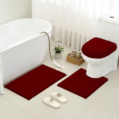 HOMEIDEAS 3 Pieces Burgundy Bathroom Rugs Set, Ultra Soft Non Slip Bath Rug and Absorbent Chenille Bath Mat, Includes U-Shaped Contour Rug, Bath Mat and Toilet Lid Cover, Perfect for Bathroom, Tub - color: Burgundy, size: 20"x32"+U 20"x24"+Cover 18"x21"