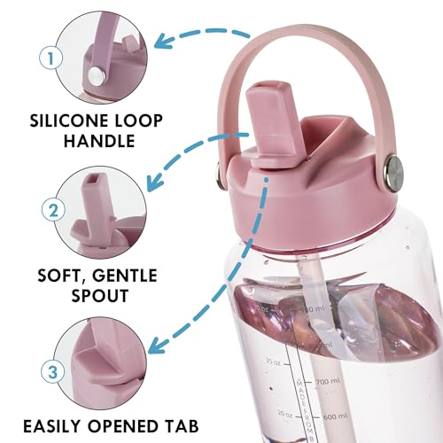 OLDLEY 32oz Water Bottle with Straw, Leakproof Tritan Clear Bottle with Marked Bottle and Carry Handle, BPA-Free Wide Mouth Reusable Sports Water Bottle for Gym,Hiking,Camping,Travel,Workout,Pink - color: Pink