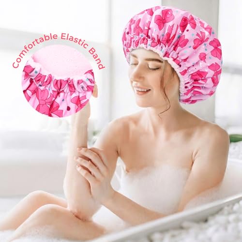 Aileam Pink Bow Shower Cap for Women, Terry Lined Bath Cap Large Reusable Waterproof Shower Hair Cap for Long Thick Hair - color: Bow