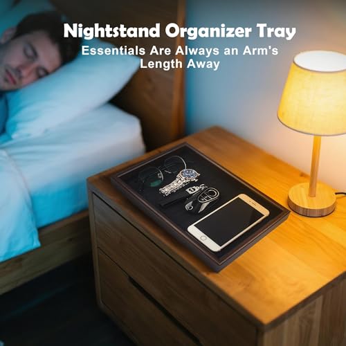 Wooden Valet Tray with Leather Base - Nightstand Catchall Organizer for Cologne, Perfume, Keys, Wallet, Phone, Watch, Jewelry & Sunglasses (Black) - color: Black