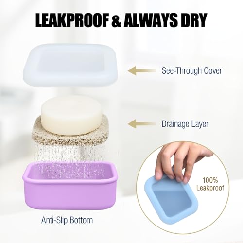 OTHIX 2 Pack Leakproof Silicone Travel Soap Case Travel Essentials-Small Bar Soap Holder Container with Drainage Layer & Mini Portable Soap Dish for Shampoo Bars, Gym, Camping (Cream & Light Purple) - color: Cream & Light Purple