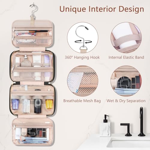 Wedama Toiletry Bag for Women, Hanging Travel Toiletry Bag with Jewelry Organizer Compartment Medium Makeup Bag, PVC Waterproof Cosmetic Travel Bag Trips Camping Bathroom, Black+Brown - color: Black, size: Medium, style: With Jewelry Organizer Compartment