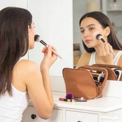 Travel Makeup Bag for Women, Waterproof Stand Up Cosmetic Bag with Brush Holders, Organizer Bag with Compartments, Fold-Down Design for Skincare, Toiletries & Essentials (Brown, Medium) - color: Brown, size: Medium