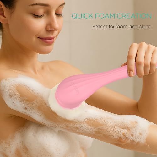 VOYOR Electric Body Brush Back Scrubber Silicone Body Scrubber Two-Way Rotating Brush Head for Deep Cleaning, Exfoliation, 4 Attachments Long Handle IPX6 Rechargeable Shower Brush BC300 (Pink) - color: Pink
