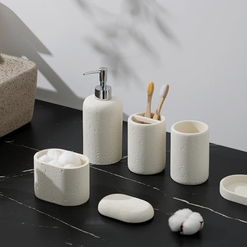 Bathroom Accessories Set, 5PCS, Travertine Stone Look, Off White | Modern, Luxurious, Bathroom Accessory Set with 13.53OZ Soap Dispenser, Tumbler, Toothbrush Holder, Qtip Holder, Vanity Tray - color: Off White