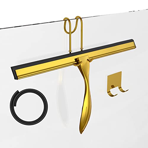 14-Inches Stainless Steel Shower Squeegee Set, Include Shower Door Hook, Adhesive Hook and Spare Silicone Blade, Window Squeegee for Shower Glass Door, Bathroom, Mirror, Window and Car Glass - color: Gold, size: 14-inch