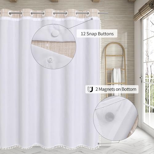 MitoVilla No Hooks Required Boho Farmhouse Shower Curtain with Snap-in Liner, Cotton Linen Fabric Shower Curtains with Tassels for Rustic Neutral Bathroom Decor, Beige/Cream, 72 x 74 - color: Cream