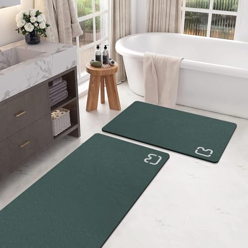 2 Piece Bathroom Rugs Mat Set - Quick Dry Diatomaceous Earth Bath Mat for Bathroom Non-Slip Bath Rug with Rubber Backing, Absorbent Bath Mats Thin Bath Floor Mat,15.7x23.6+15.7x47.2 Inch, Dark Green - color: Dark Green, size: 1'4" x 3'11" (Runner)
