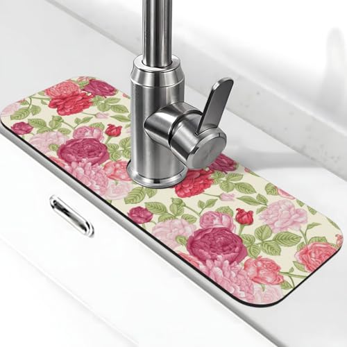 English Rose Flower Floral Pink Red 15" X 5.5" Kitchen Sink Splash Guard Faucet Faucet Guard Draining Mat Sink Splash Guard Faucet Kitchen Bathroom - color: English Rose Flower Floral Pink Red