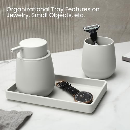 Bathroom Accessories Set, Modern 3 Pcs Bathroom Essentials - Soap Dispenser, Toothbrush Holder & Tray, Countertop Vanity Organizer (Beige) - color: Beige